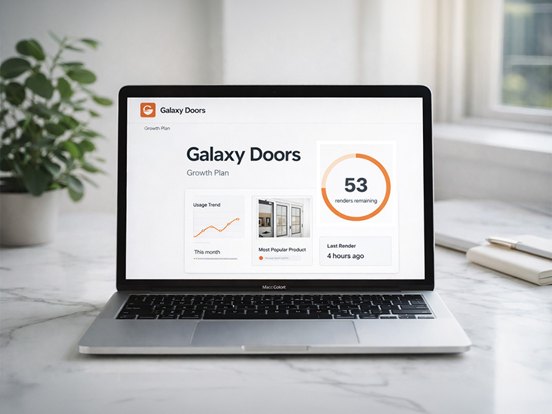 Admin dashboard showing render statistics and product management