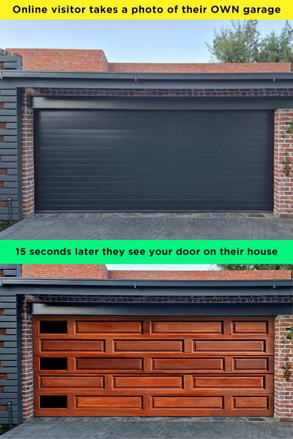 Before/after house render showing a garage door preview