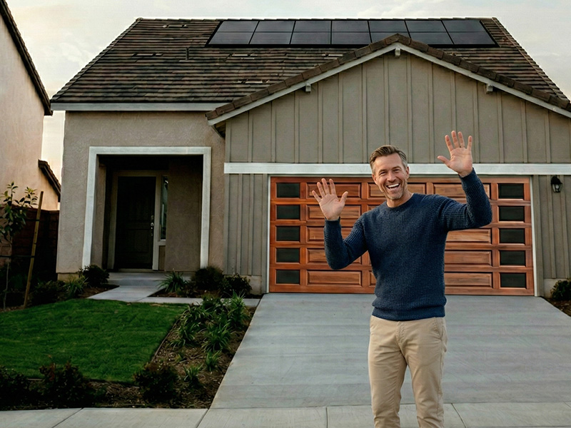 Happy homeowner looking at their home with new product installed